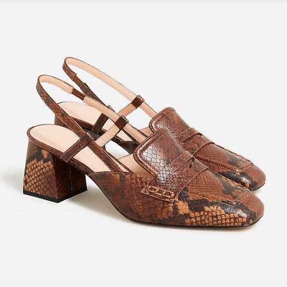 J. Crew Layne Slingback Loafer Heels in Snake-Embossed Leather - 9.5